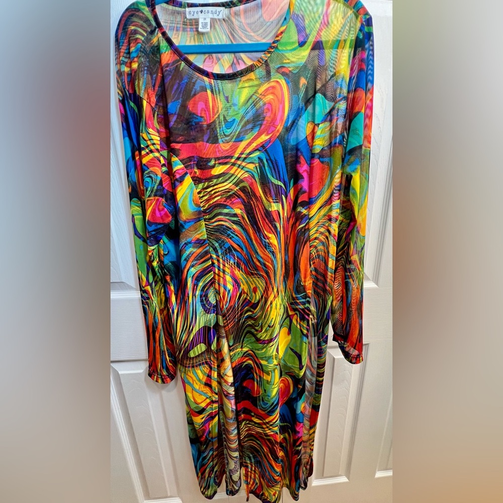 Multicolor Swirl Long Sleeve Mesh Overlay Dress with front slits on each side